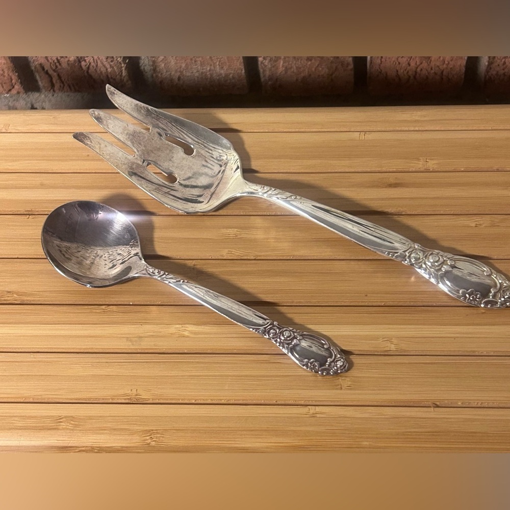 Oneida Silver Serving Fork and Spoon Set with Floral Handles